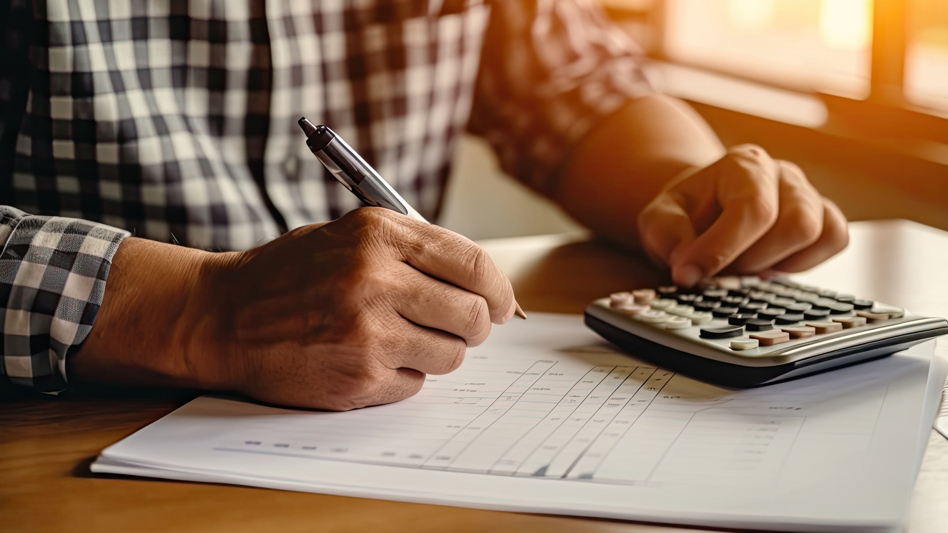 Businessman using calculator and writing financial report in office